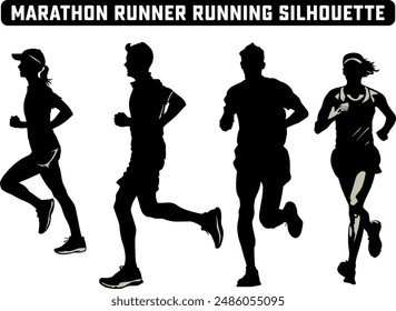 Marathon Runner Running Silhouette, Marathon run. Group of running people, men and women. Isolated vector silhouettes. People running silhouette, Running exercise healthy lifestyle.