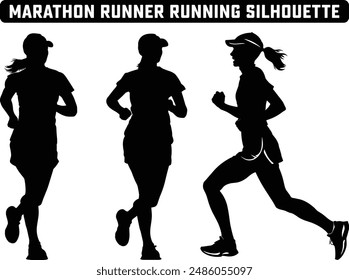 Corredor de maratón corriendo silueta, carrera de maratón. Grupo de corredores, hombres y mujeres. Siluetas de Vector aisladas. Personas correr silueta, Correr ejercicio estilo de vida saludable.