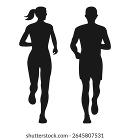 Marathon Runner Running Silhouette, Marathon run. Running silhouette on white background