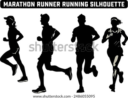 Marathon Runner Running Silhouette, Marathon run. Group of running people, men and women. Isolated vector silhouettes. People running silhouette, Running exercise healthy lifestyle.