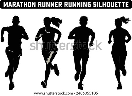 Marathon Runner Running Silhouette, Marathon run. Group of running people, men and women. Isolated vector silhouettes. People running silhouette, Running exercise healthy lifestyle.