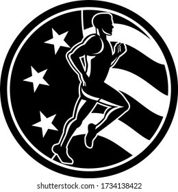 Marathon Runner Running USA Flag Black and White