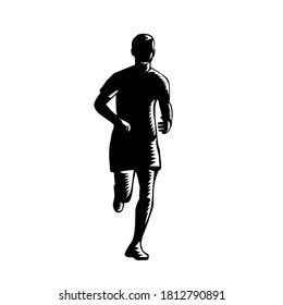 Marathon Runner Silhouette Running Front View Retro Woodcut Black and White