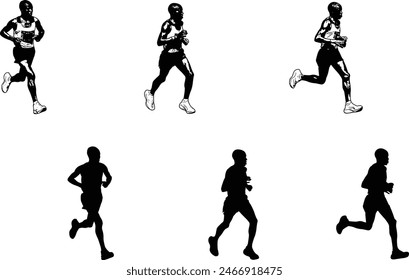 marathon runner sketch and silhouettes - vector