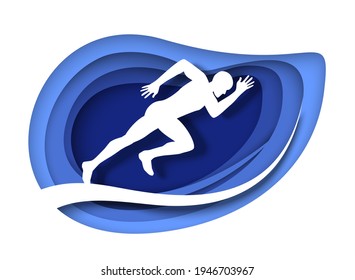 Marathon runner, sprinter white silhouette, vector illustration in paper art style. Sprint running, long distance marathon race competition. Athletics sport event.