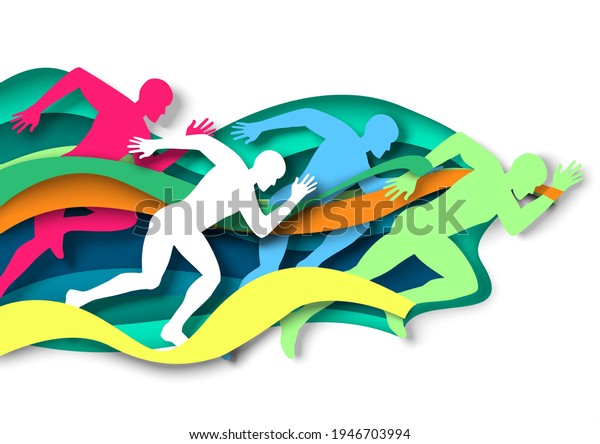 Marathon runner,\
sprinter, winner silhouettes, vector illustration in paper art\
style. Marathon finish line. Champion. Sprint, long distance race\
competition. Track and\
field.