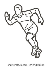 Corredor de maratón comienza a correr un hombre corriendo movimiento de acción Caricatura Deporte Gráfico Vector