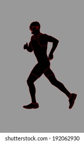 Marathon runner vector black silhouette isolated on gray background.Running athlete man illustration.