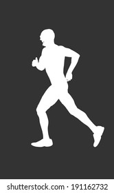 Marathon runner vector white silhouette isolated on black background.Running athlete man illustration.