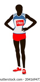 Marathon runner waiting race on start vector illustration isolated on white background. African sportsman athlete resting on finish line after race wining. Superstar player concentrates before game.