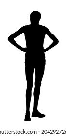 Marathon Runner Waiting Race On Start Vector Silhouette Illustration Isolated On White. African Sportsman Athlete Resting On Finish Line After Race Wining. Superstar Player Concentrates Before Game.