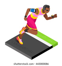 Marathon Runners Athletic Training Working Out Gym. Runners Outdoor Running Athletics race Working Out for international championship competition. 3D Flat Isometric Marathon Gym Training Vector Image