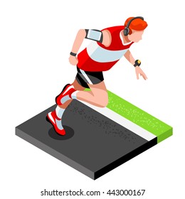 Marathon Runners Athletic Training Working Out Gym. Runners Outdoor Running Athletics race Working Out for international championship competition. 3D Flat Isometric Marathon Gym Training Vector Image