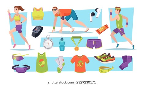 Marathon runners. Cartoon sport characters fitness activities exact vector templates