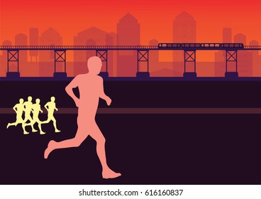 Marathon runners in city, vector  illustration 
