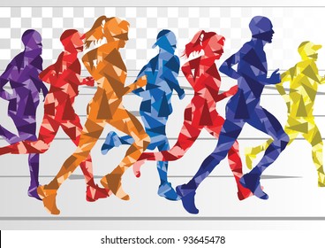 Marathon runners in colorful rainbow landscape background illustration