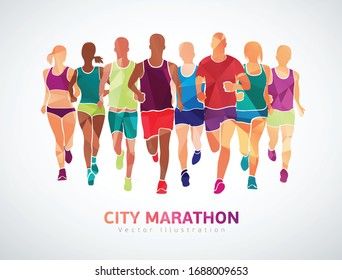 Marathon runners, colorful template poster. Vector illustration