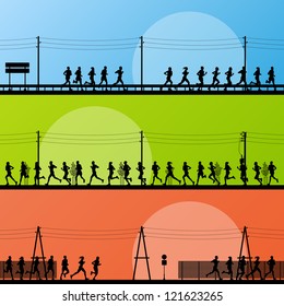 Marathon runners in country road highway landscape background illustration vector