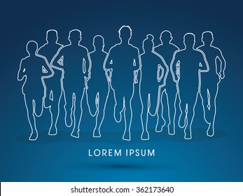 Marathon runners, crowd of people running outline graphic vector.