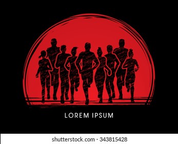 Marathon Runners, designed using grunge brush on sunset or sunrise background graphic vector.