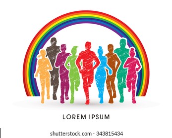 Marathon Runners, designed using grunge brush on rainbows background graphic vector.