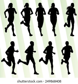 Marathon runners detailed active illustration silhouettes collection background vector set