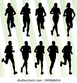 Marathon runners detailed active illustration silhouettes collection background vector set