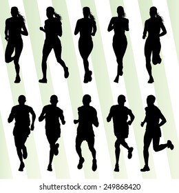 Marathon runners detailed active illustration silhouettes collection background vector set