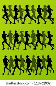 Marathon runners detailed active man and woman illustration silhouettes collection background vector