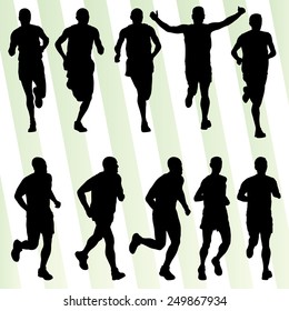 Marathon runners detailed active man illustration silhouettes collection background vector set