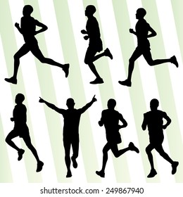 Marathon runners detailed active man illustration silhouettes collection background vector set