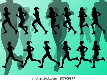 Marathon runners detailed active woman illustration silhouettes collection background vector