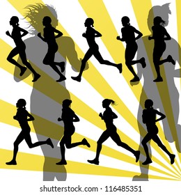 Marathon runners detailed active woman illustration silhouettes collection background vector