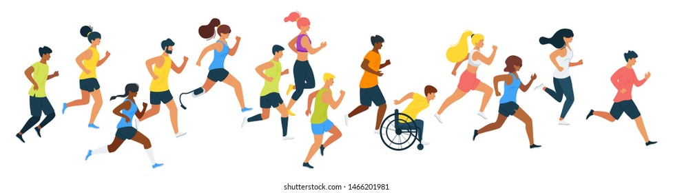 Marathon runners flat vector illustration. Athletes, runners, sportsman with disability cartoon characters. People training for sprint racing, doing sport. Outdoor activity isolated design element