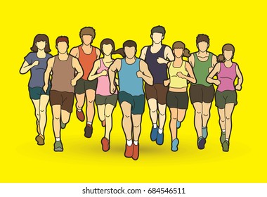 Marathon runners, Group of people running, Men and women running graphic vector.