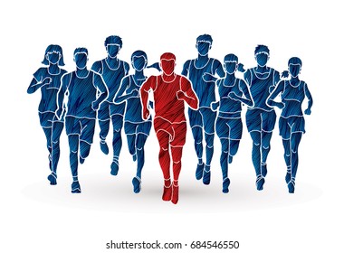 Marathon runners, Group of people running, Men and women running designed using grunge brush graphic vector.