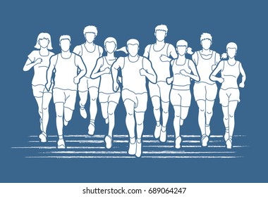 Marathon runners, Group of people running, Men and women running graphic vector.