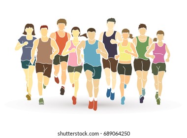 Marathon Runners, Group Of People Running, Men And Women Running Graphic Vector.