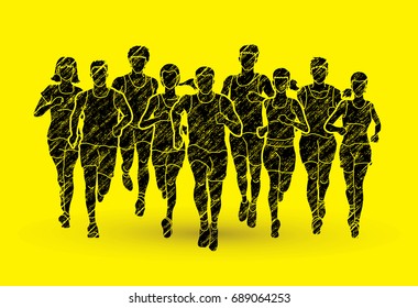 Marathon runners, Group of people running, Men and women running designed using grunge brush graphic vector.