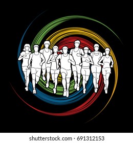 Marathon runners, Group of people running, Men and women running designed on spin wheel background graphic vector.