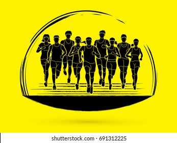 Marathon runners, Group of people running, Men and women running graphic vector.