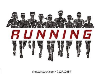Marathon runners, Group of people running, Men and Women running with text running design using grunge brush graphic vector.