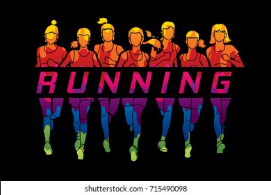 Marathon runners, Group of women running with text running designed using melting colors graphic vector.