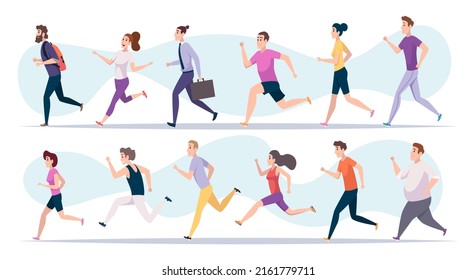 Marathon runners. Helthy sport fitness people outdoor jogging lifestyle activity exact vector illustrations set