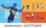 Marathon runners illustration set featuring diverse group of people in various poses, set against a blue color theme, perfect for fitness and sports designs.