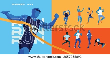 Marathon runners illustration set featuring diverse group of people in various poses, set against a blue color theme, perfect for fitness and sports designs.