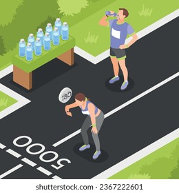 Marathon runners isometric background with athletes drinking water and measuring pulse after long distance vector illustration