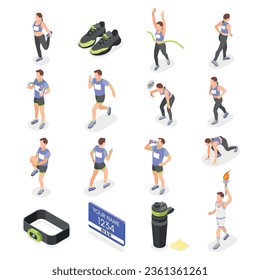 Marathon runners isometric icons set of running athletes and sports equipment isolated vector illustration