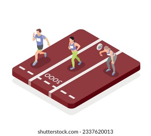 Marathon runners isometric object with two running athletes and girl stopped for measuring pulse vector illustration