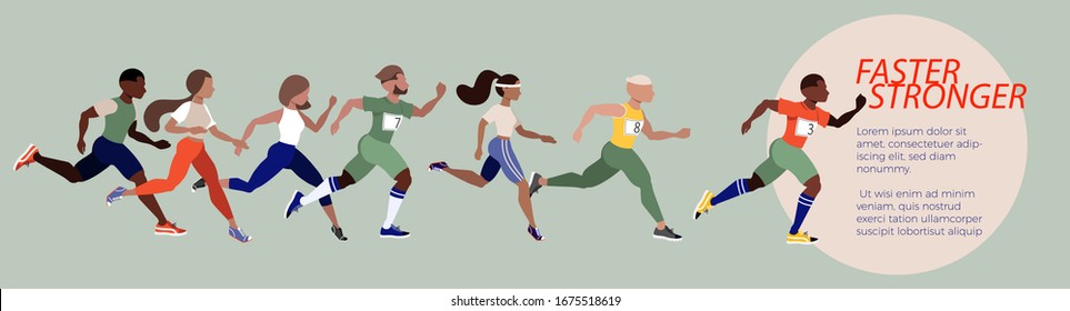 Marathon runners. Jogging people. Set of modern hand-drawn vector characters. Men and women running. Training and motivation.  